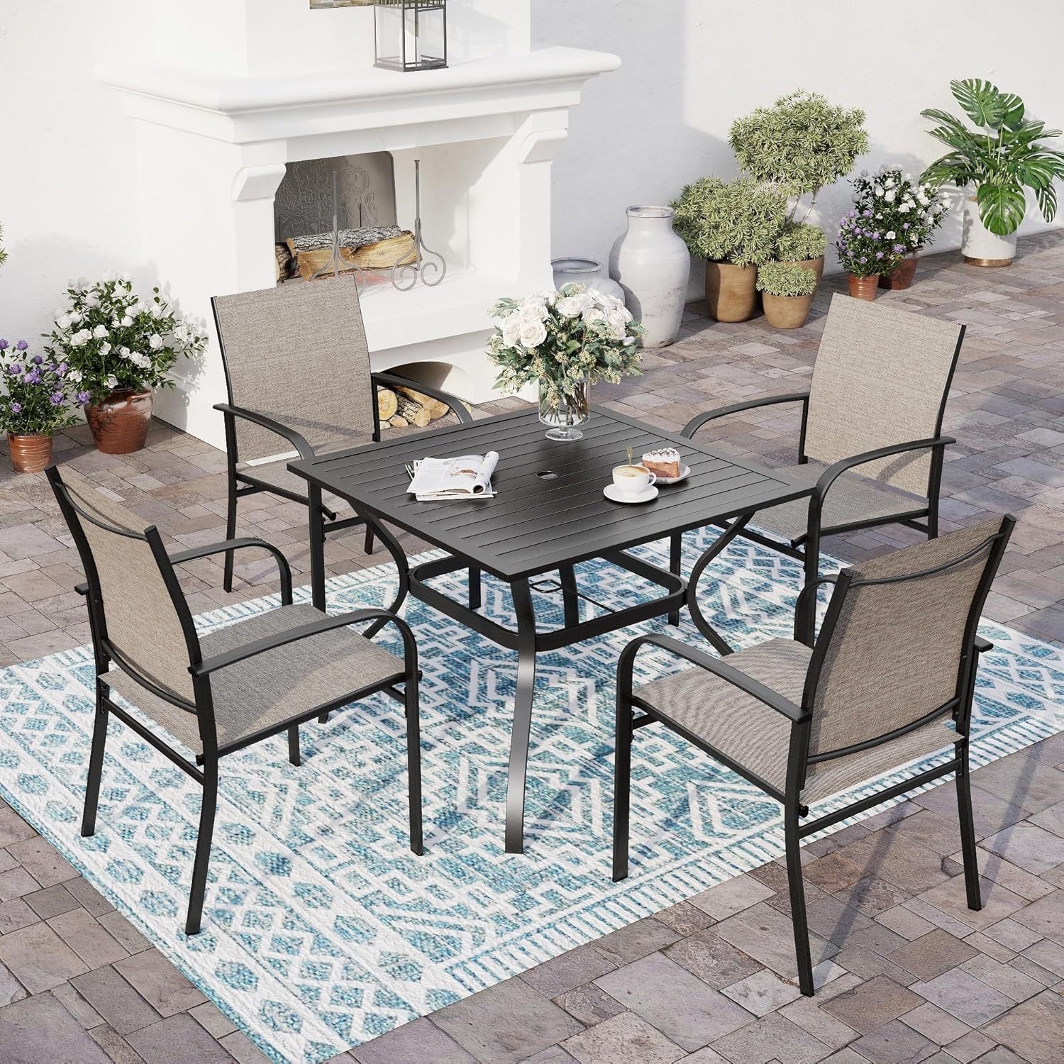 SUNSHINE VALLEY 5 Piece Patio Dining Set for 4, 37”x37” Square Table with Umbrella Hole, 4 Metal Brown Chairs, Outdoor Table and Chairs Set for Lawn Backyard and Deck