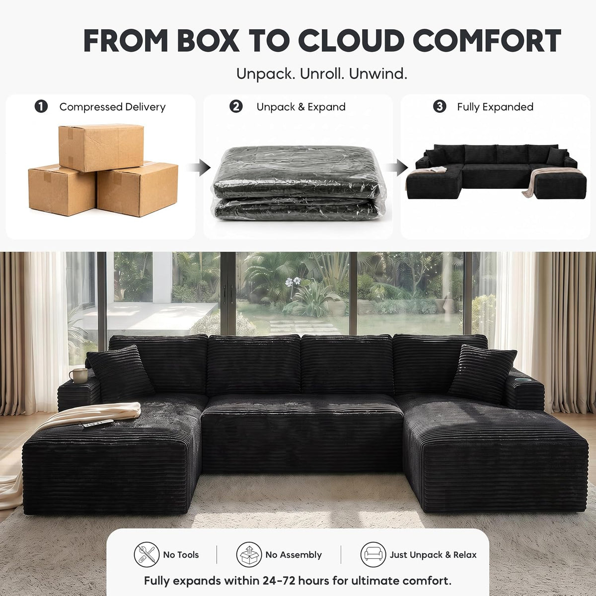 133" U-Shaped Modular Sectional Sofa, Corduroy Couch, Black | Cloud Luxury Comfort, Couches for Living Room, Storage & Cupholder, Oversized Sofa, Deep Seat, No Assembly Required