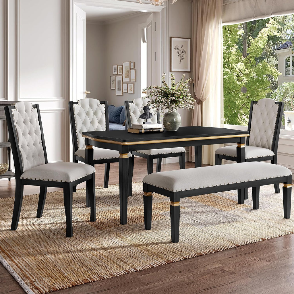 LUMISOL 6-Piece Farmhouse Dining Table Set, 60” Solid Wood Table, 4 Upholstered Chairs and Bench, Black