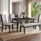 LUMISOL 6-Piece Farmhouse Dining Table Set, 60” Solid Wood Table, 4 Upholstered Chairs and Bench, Black