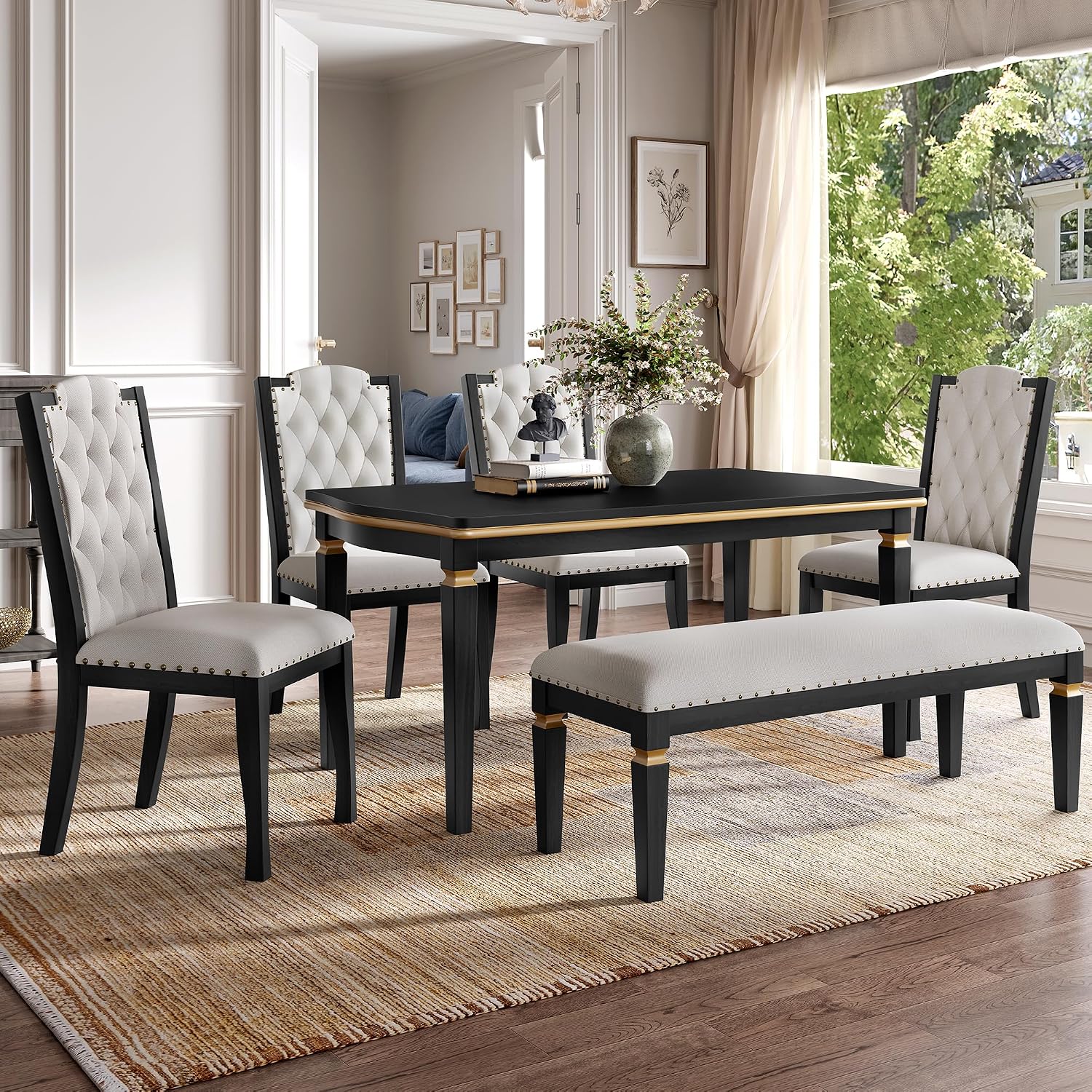 LUMISOL 6-Piece Farmhouse Dining Table Set, 60” Solid Wood Table, 4 Upholstered Chairs and Bench, Black