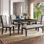 Merax 6-Piece Kitchen Dining Table Set, 60" Rectangular Table with 4 High-Back Tufted Upholstered Chairs & 1 Bench, Rubberwood Legs Modern Elegant Farmhouse for Kitchen Room, Black