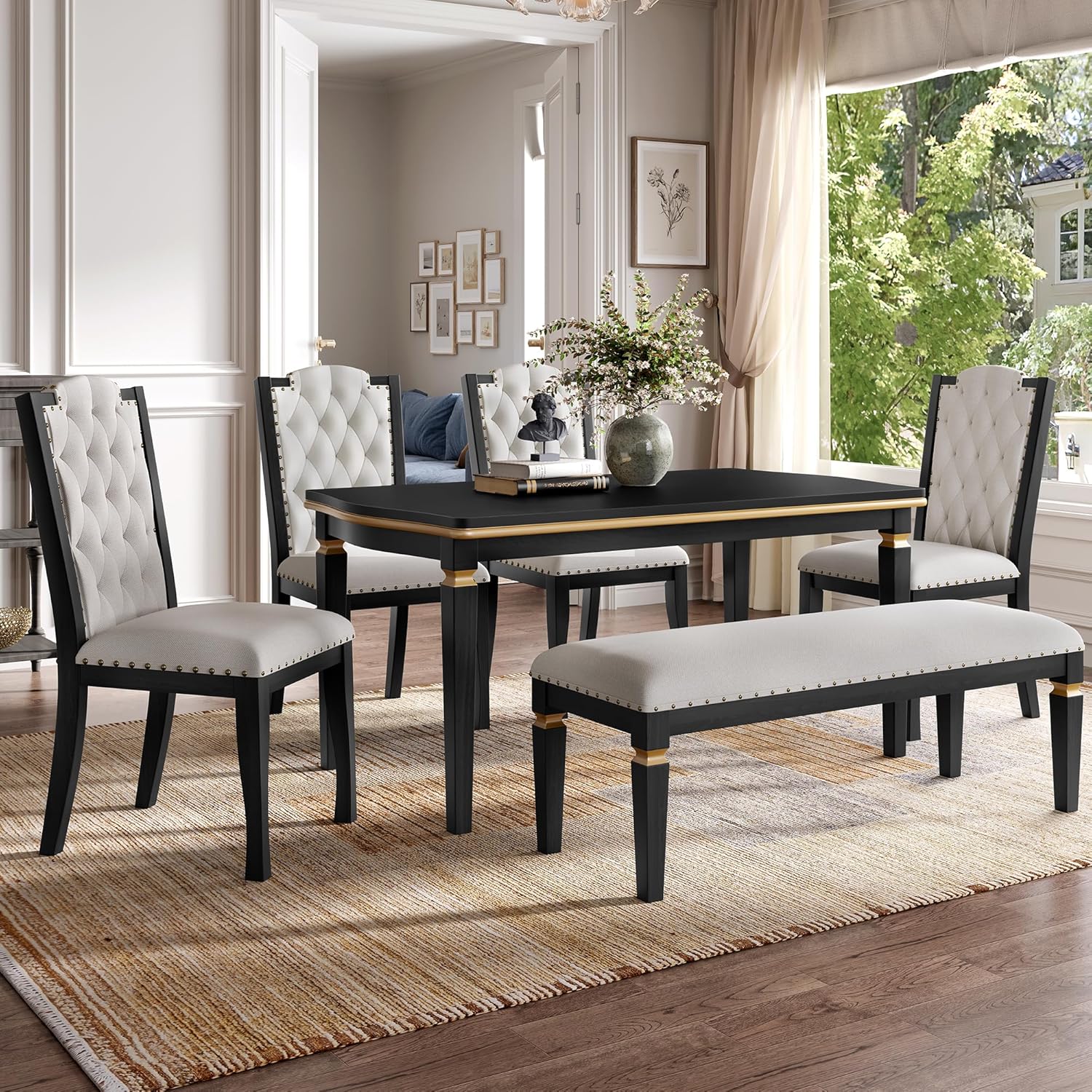 Merax 6-Piece Kitchen Dining Table Set, 60" Rectangular Table with 4 High-Back Tufted Upholstered Chairs & 1 Bench, Rubberwood Legs Modern Elegant Farmhouse for Kitchen Room, Black