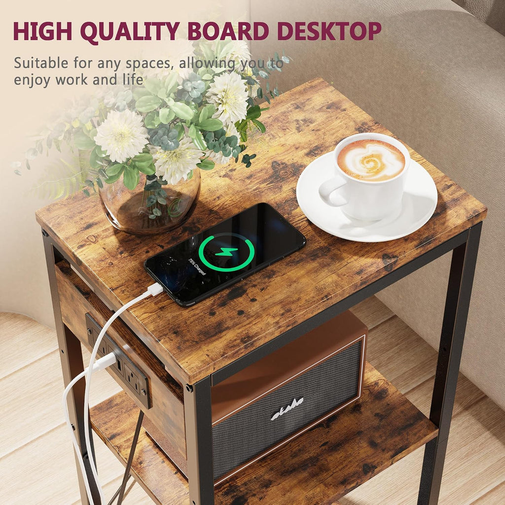 Side Table with Charging Station, Nightstand with USB Ports and Outlets, Tall Side Table with 3 Storage Shelves, Small Entry Table for Living Room, Bedroom, Sofa Couch, Hallway, Office, Rustic Brown