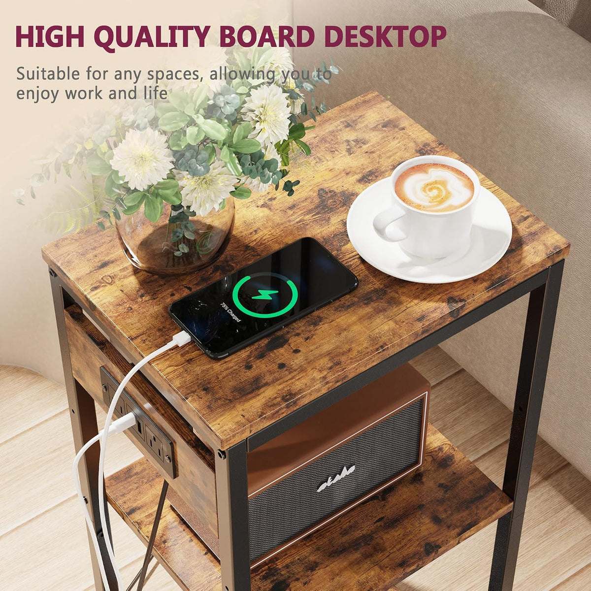 Side Table with Charging Station, Nightstand with USB Ports and Outlets, Tall Side Table with 3 Storage Shelves, Small Entry Table for Living Room, Bedroom, Sofa Couch, Hallway, Office, Rustic Brown