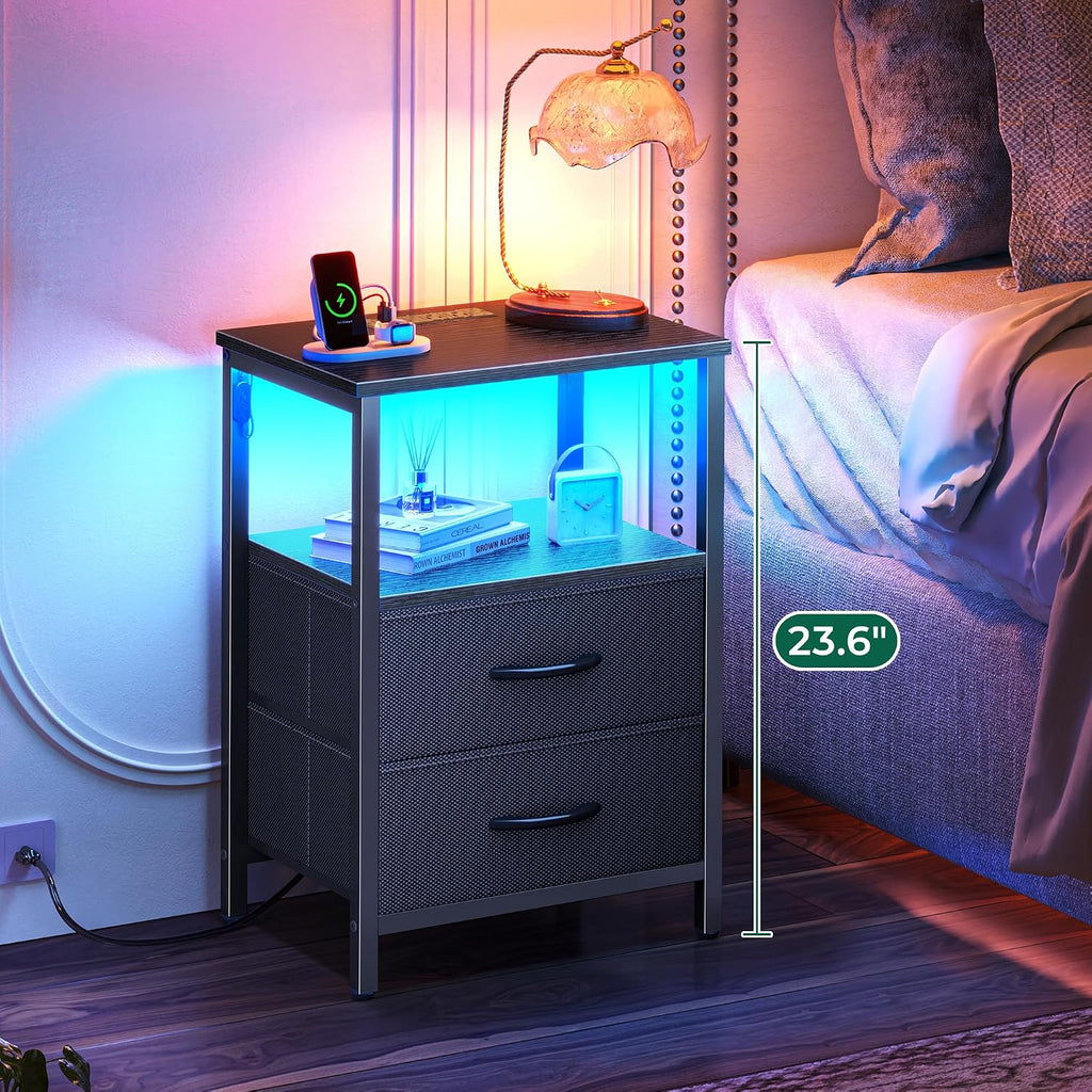 Huuger Night Stand with Charger Station and LED Lights, 2 Drawer Nightstand, Bed Side Table with Open Shelf, End Table, Fabric Drawers for Bedroom, Black