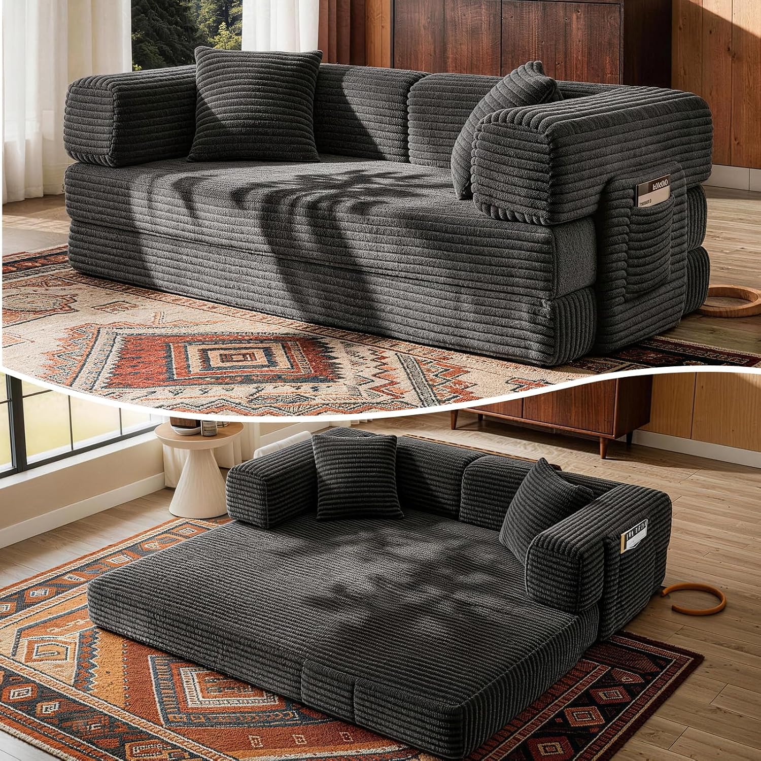 AUGOP Futon Sofa Bed Couch for Living Room,Pull Out Couch with Sleeper Sofa,Day Bed Couch with Storage Pocket,Removable Corduroy with 2 Pillow