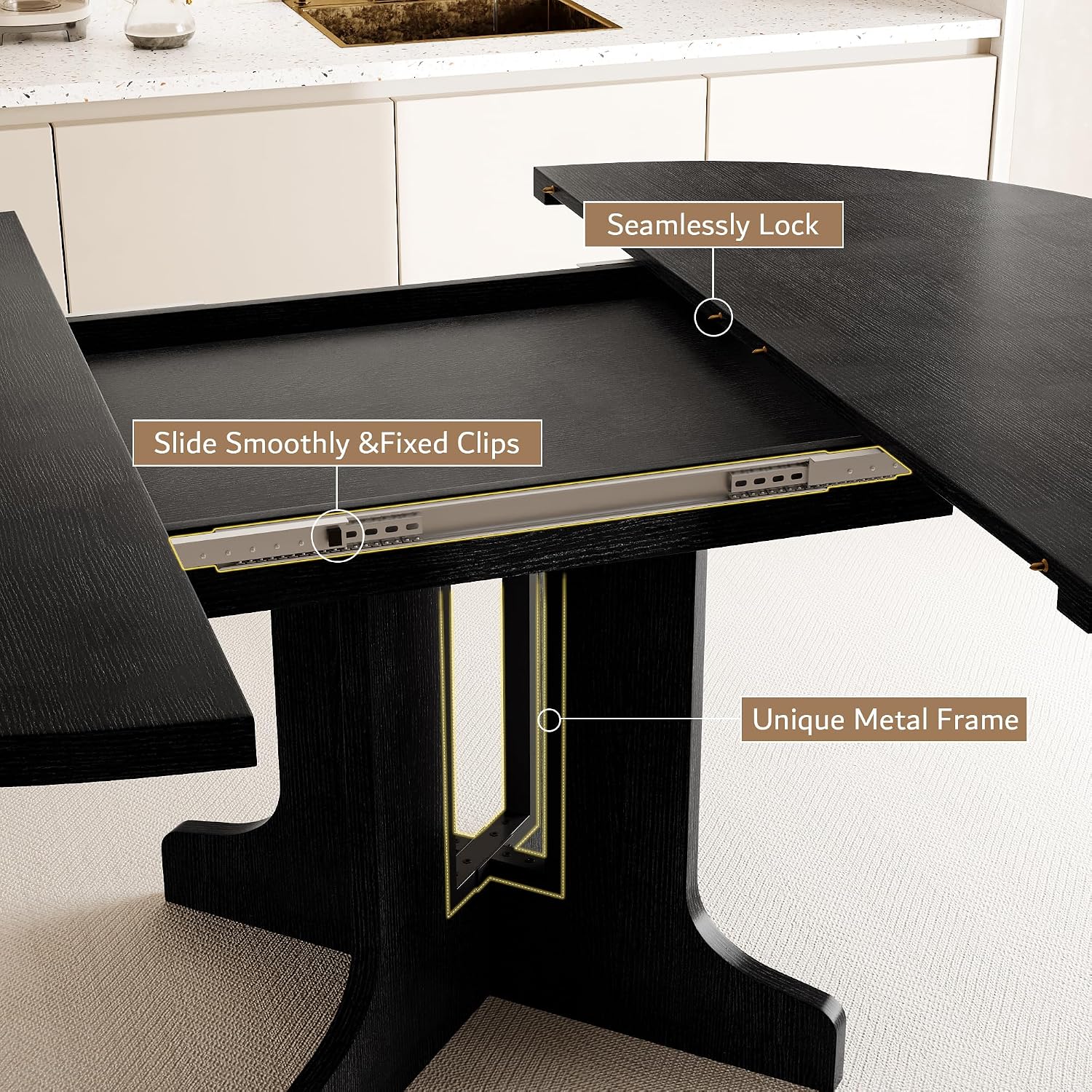 iPormis 5-Piece Round Dining Table Set for 4-6, 59" Extendable Dining Room Table Set with 2 Ergonomic Chairs & 2 Benches, Oval Modern Dinette Table with Metal Frame & MDF Board, Space-Saving, Black