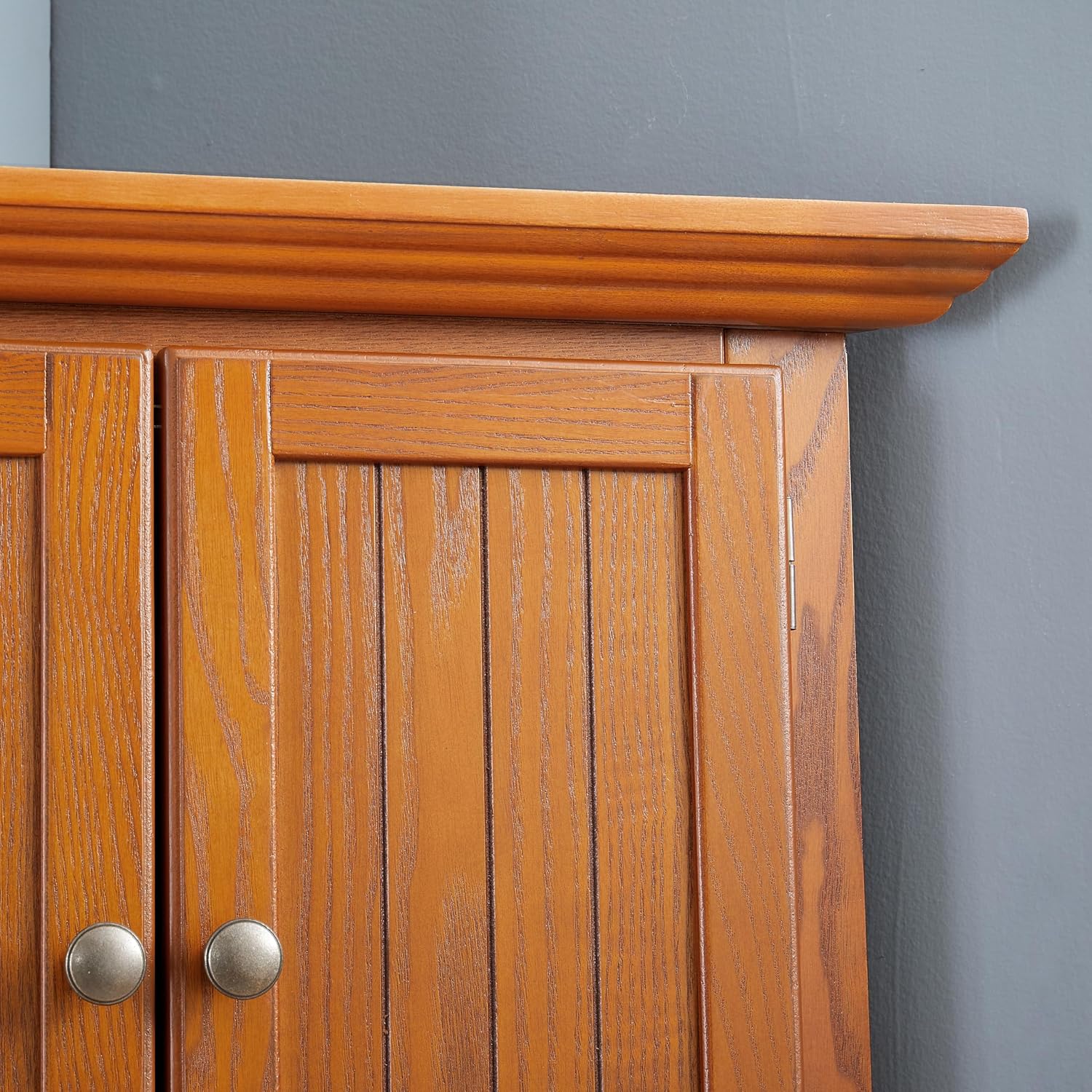 Corner Pantry Cabinet 4-Tier Oak MDF 72H 8 Doors | MDF construction, oak finish, corner pantry cabinet, 8 doors, 4 shelves, 24.4W x 12.2D x 72H