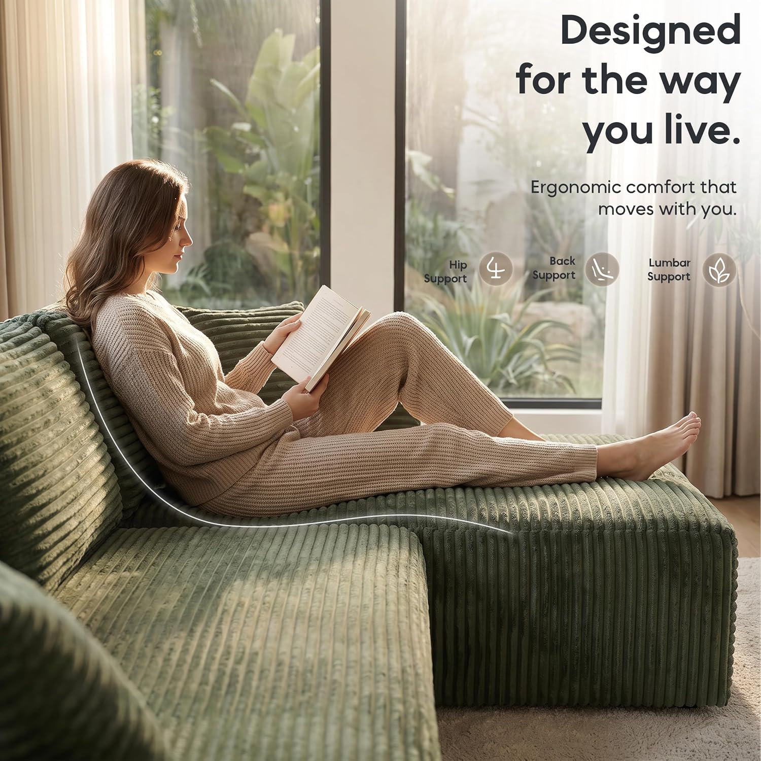133" U-Shaped Modular Sectional Sofa, Corduroy Couch, Green | Cloud Luxury Comfort, Couches for Living Room, Storage & Cupholder, Oversized Sofa, Deep Seat, No Assembly Required
