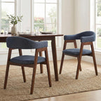 VKNOW Wooden Dining Chairs Set of 4, Modern Fabric Upholstered Kitchen Armchairs with Curved Open Back and Solid Wood Legs, Farmhouse Dining Room Chairs for Kitchen, Navy