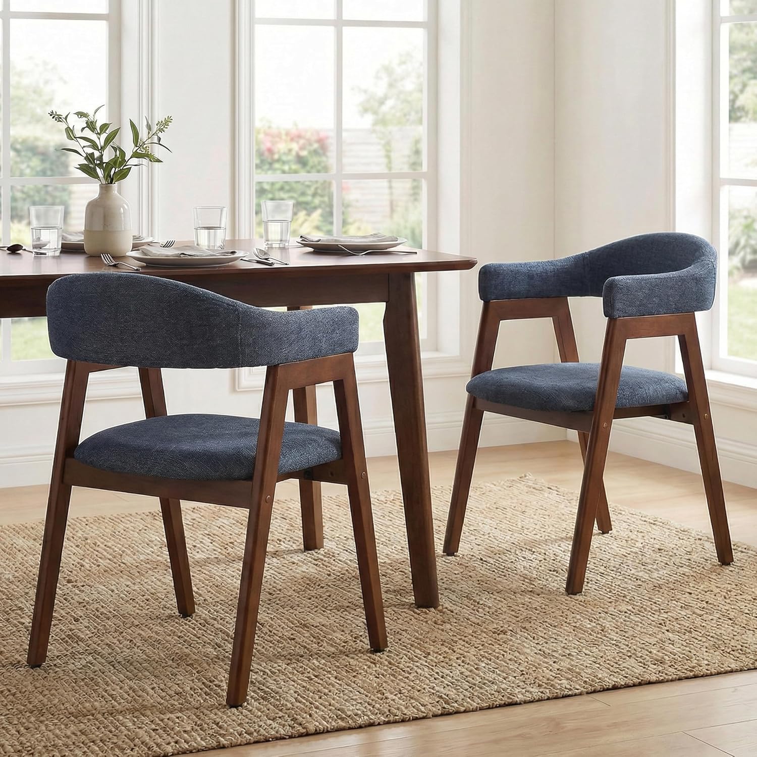 VKNOW Wooden Dining Chairs Set of 4, Modern Fabric Upholstered Kitchen Armchairs with Curved Open Back and Solid Wood Legs, Farmhouse Dining Room Chairs for Kitchen, Navy