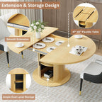47"-63" Extendable Round-to-Oval Dining Table with Double-Layer Hidden Storage, Fluted Cylindrical Base and Sliding Doors, Modern Farmhouse Kitchen Table for Dining Room or Office, Oak