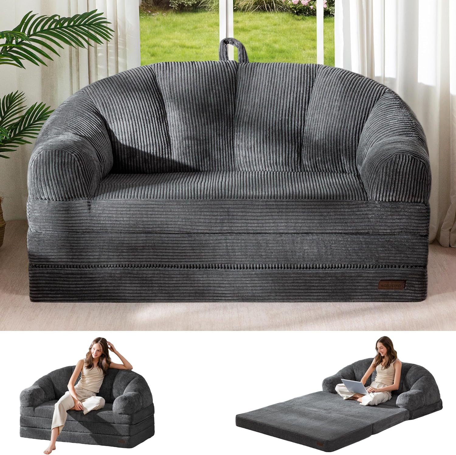 MAXYOYO Folding Sofa Bed with Backrest, Fold Out Couch with Handle | 2 in 1 Convertible Bean Bag Chair to Floor Sofa Lounger, Comfy Folding Couch for Bedroom & Living Room, Dark Grey, Loveseat