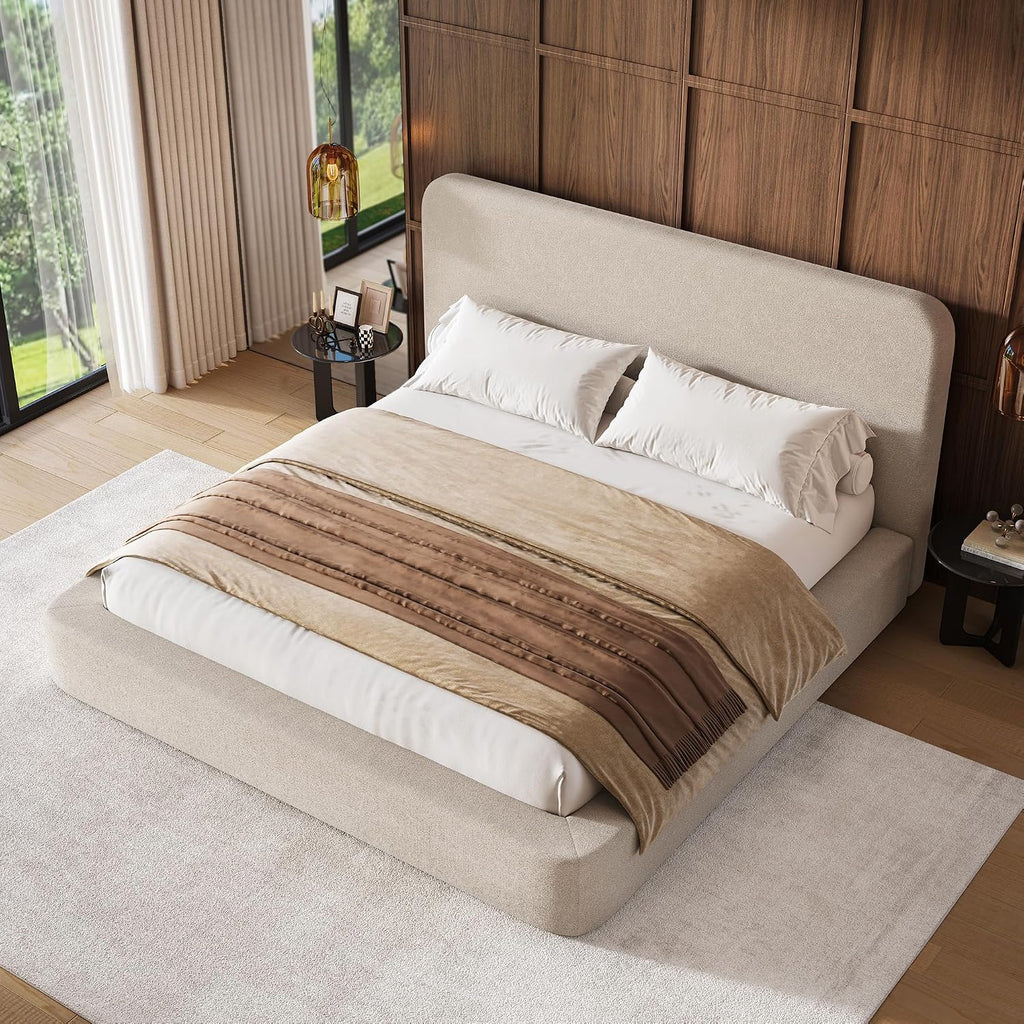 LARMACE King Upholstered Platform Bed Frame with Padded Headboard