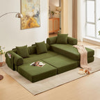 L Shaped Modular Sofa Bed with Cylindrical Pillow & Reversible Chaise, Corduroy Folding Floor Convertible Sofa Couch Bed with Fixed-Shape Frame & Storage Pocket for Living Room, Green