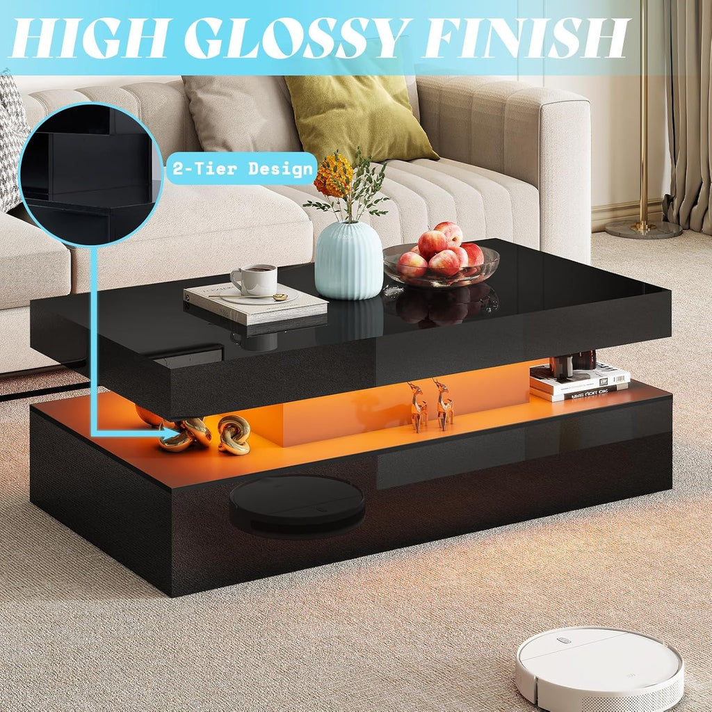 AMERLIFE High Gloss 3 Pieces Living Room Table Set, Modern LED Coffee Table Sets of 3, 2-Tier Center Table with 2 End Side Tables, LED Lights Bedside Table Nightstands with Charging Station, Black