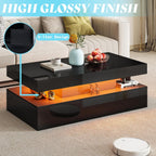 AMERLIFE High Gloss 3 Pieces Living Room Table Set, Modern LED Coffee Table Sets of 3, 2-Tier Center Table with 2 End Side Tables, LED Lights Bedside Table Nightstands with Charging Station, Black