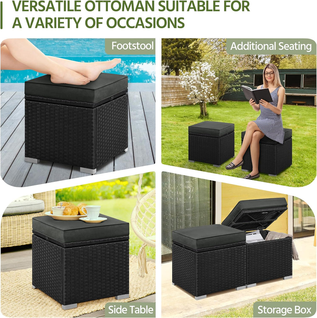 Yaheetech Wicker Ottomans, Set of 2 PE Rattan Side Tables, Black/Gray | Outdoor/Indoor Footstools with Hidden Storage & Removable Cushion, Additional Seating for Patio/Garden/Balcony/Yard