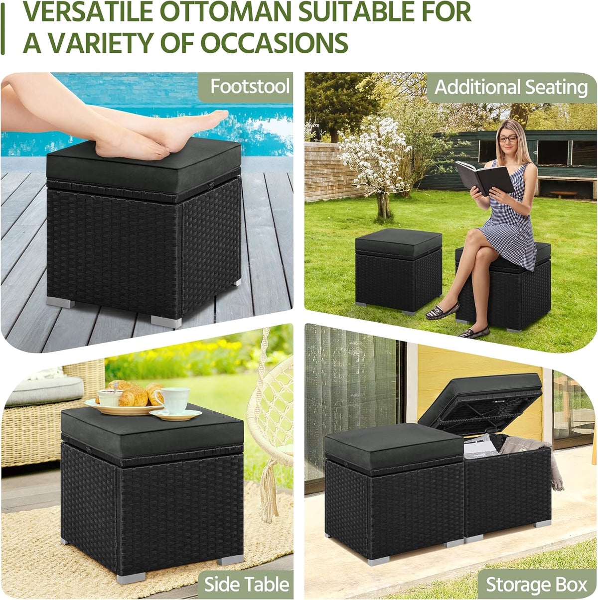 Yaheetech Wicker Ottomans, Set of 2 PE Rattan Side Tables, Black/Gray | Outdoor/Indoor Footstools with Hidden Storage & Removable Cushion, Additional Seating for Patio/Garden/Balcony/Yard