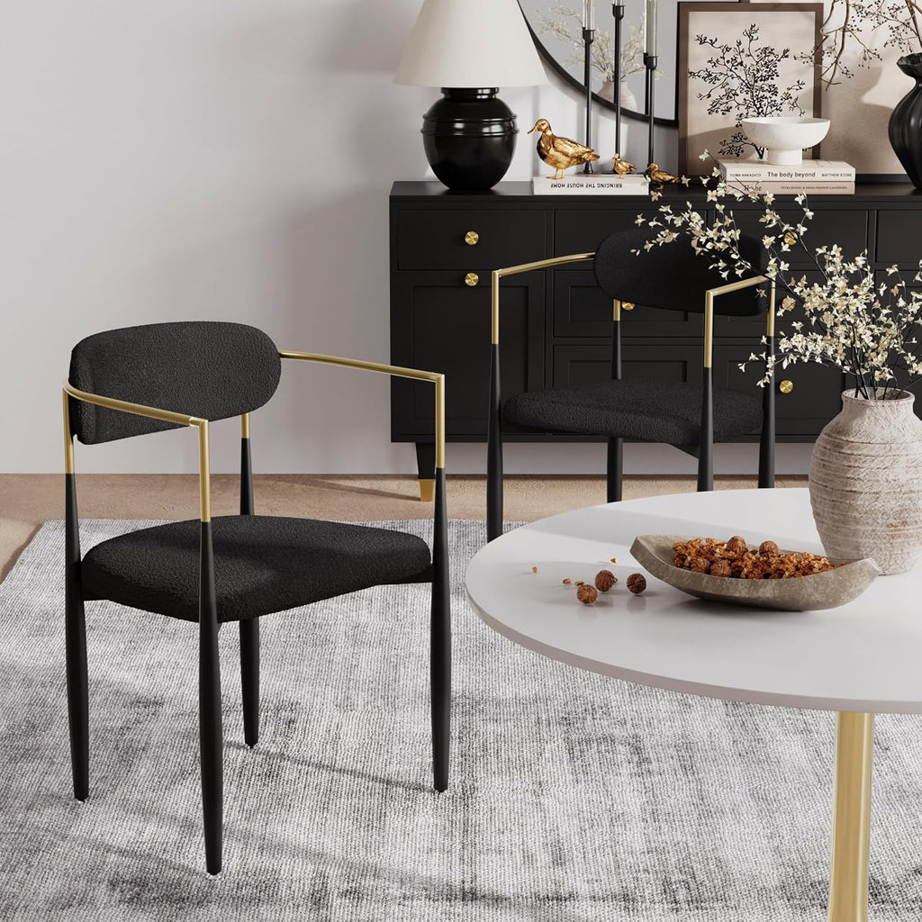 Baysitone Dining Chairs Set of 2 Mid-Century Modern Upholstered Boucle Dining Room Chairs Open Back Curved Backrest Black Metal Legs Gold Armchairs for Kitchen Living Room, Black(Only Chairs)