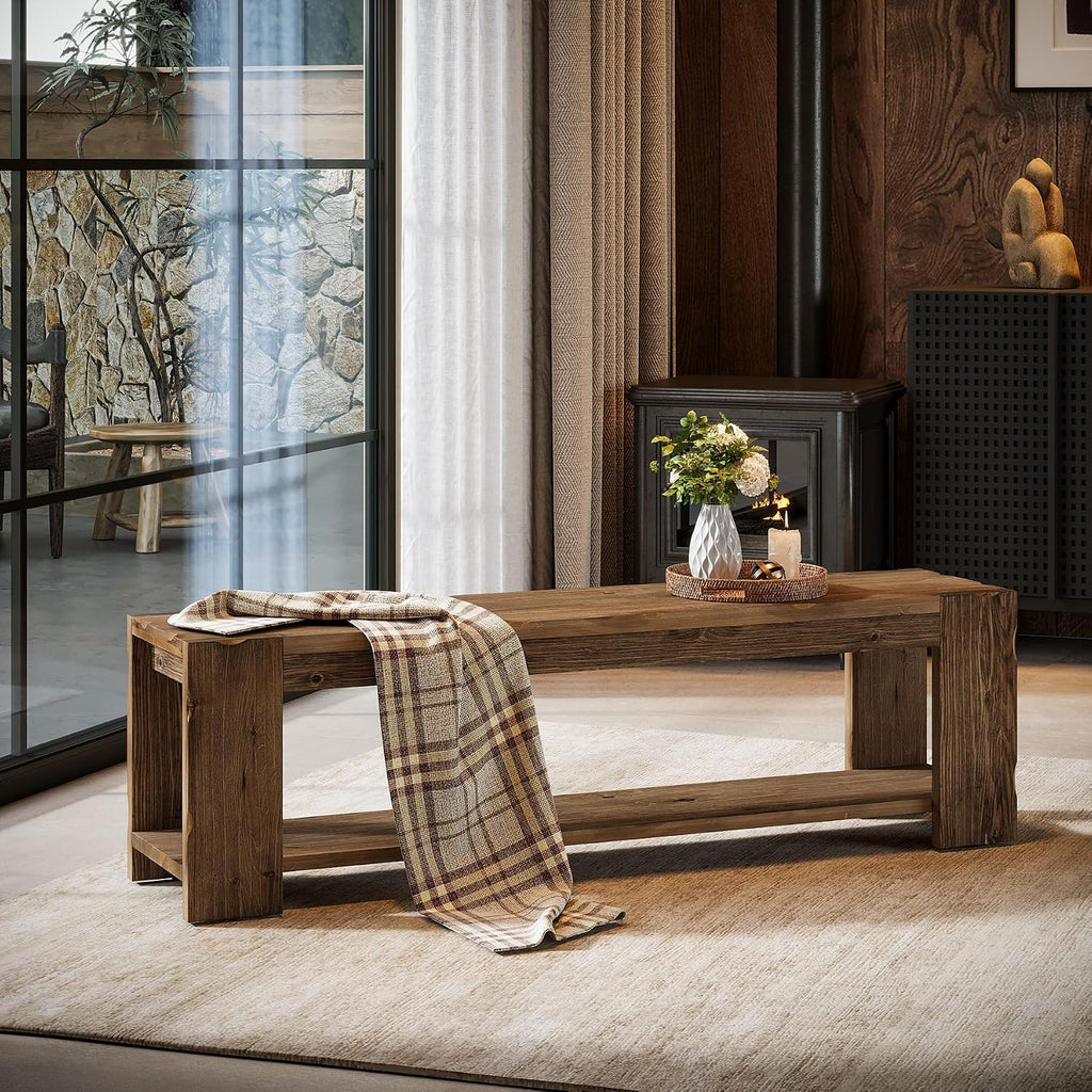 Solid Wood Entryway Bench with Storage Shelf, 55.12-Inch 2-Tier Wood Shoe Bench Seating for Entrance, Hallway, Dining Room, Living Room, Mudroom, Bedroom, Rustic Brown