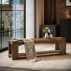 Solid Wood Entryway Bench with Storage Shelf, 55.12-Inch 2-Tier Wood Shoe Bench Seating for Entrance, Hallway, Dining Room, Living Room, Mudroom, Bedroom, Rustic Brown