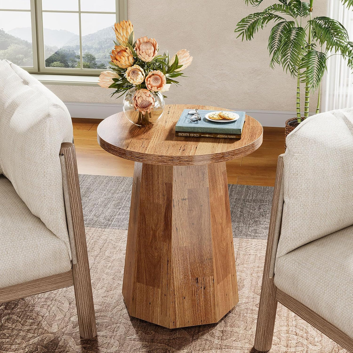 Tribesigns Round Pedestal End Table, Farmhouse Couch Side Table with Octagonal Base, Wooden Drink Stand Accent Nightstand(2, Walnut)