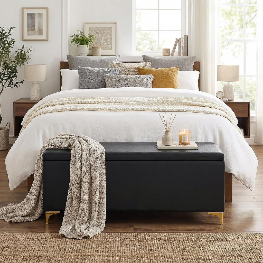 FHFO 52.9" Storage Ottoman Bench, End of Bed Storage Bench, Black | Faux Leather Upholstered | Large Capacity | Durable Fabric | Solid Wood Frame