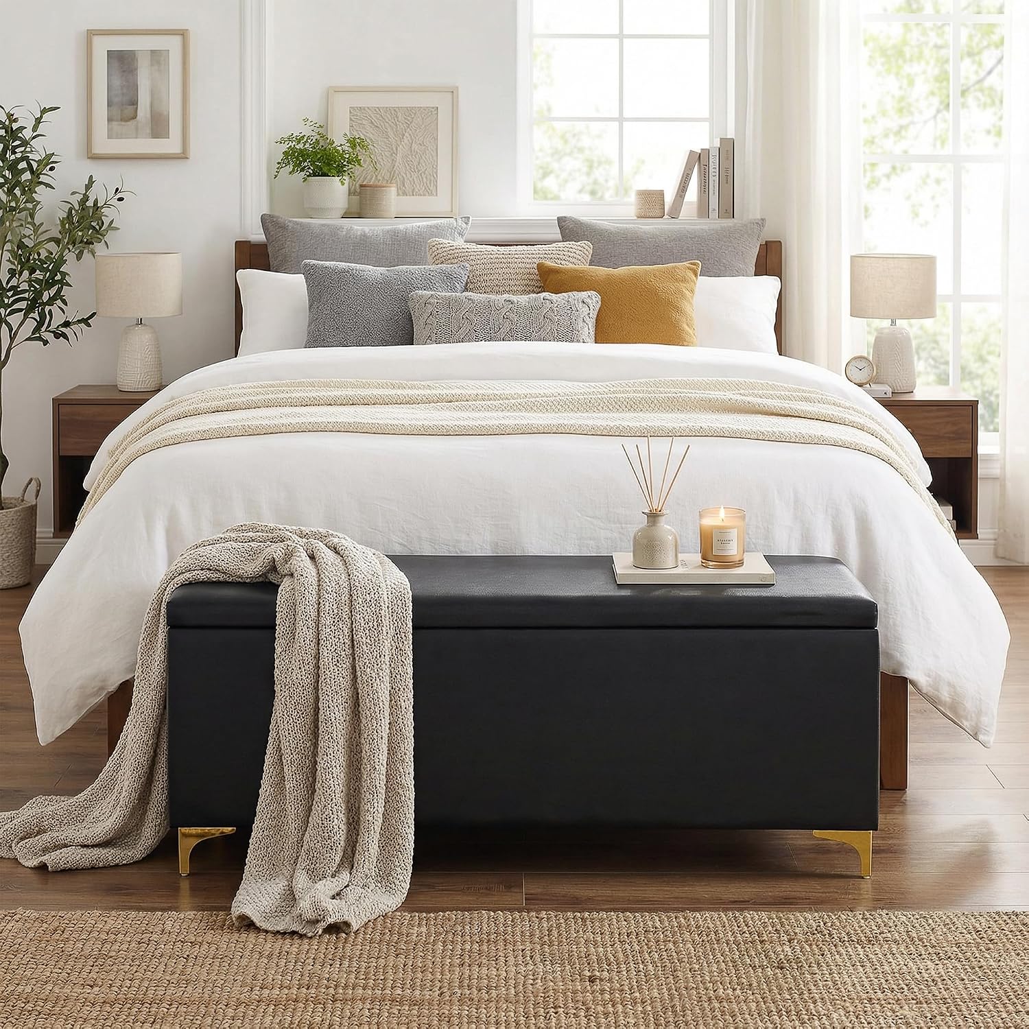 FHFO 52.9" Storage Ottoman Bench, End of Bed Storage Bench, Black | Faux Leather Upholstered | Large Capacity | Durable Fabric | Solid Wood Frame