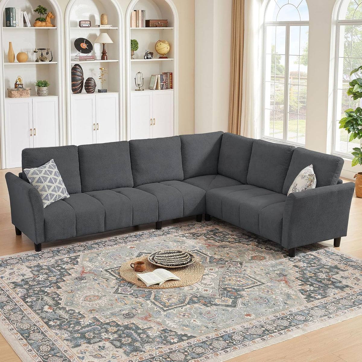 102" Convertible Sectional Sofa Couch, L Shaped Couch with Back Cushions, Modern Upholstered 6-Seat Reversible Sofa Set for Living Room, Apartment, Office, Dark Grey