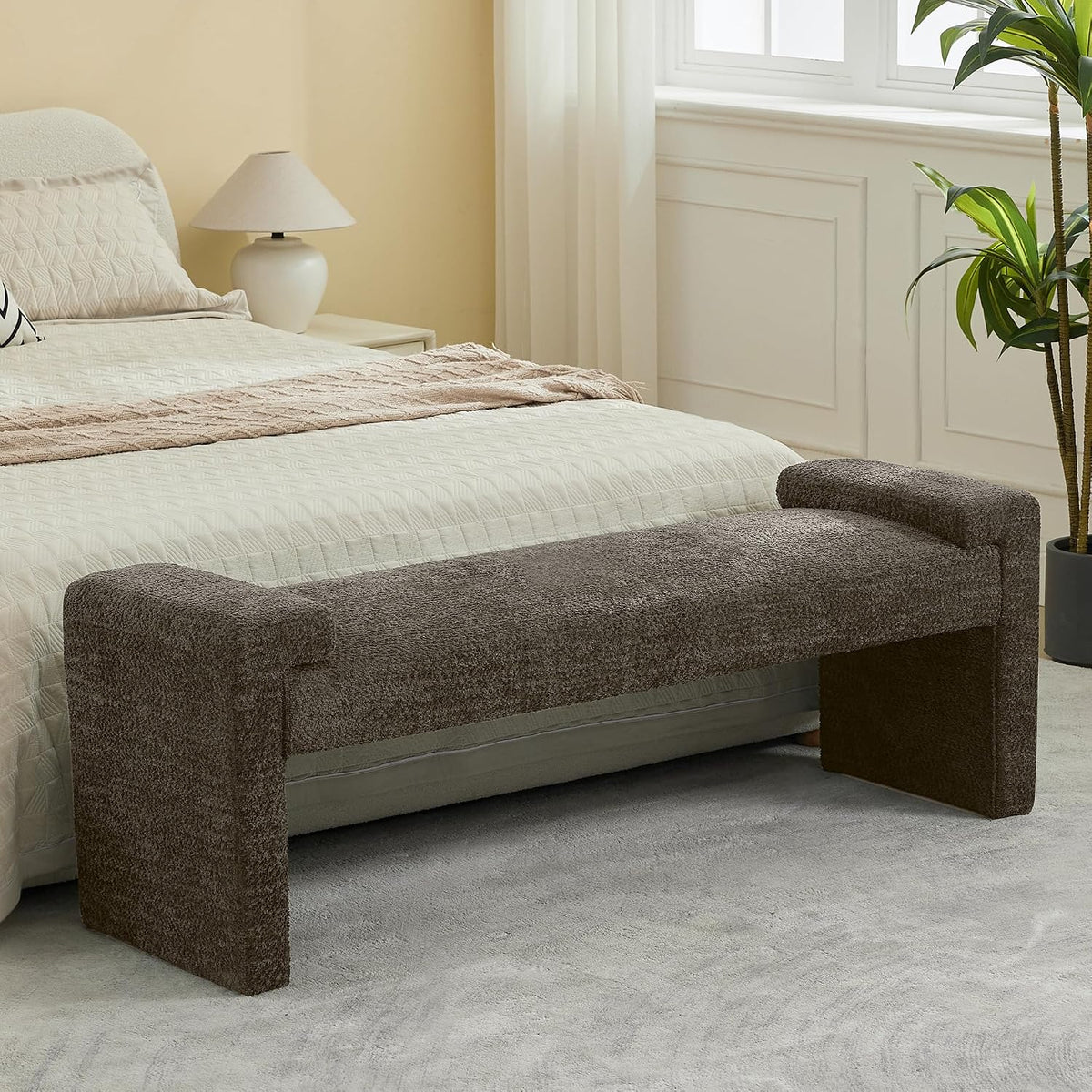 WUTUTUEE 58.7" End of Bed Bench Upholstered Modern Bedroom Bench for Living Room & Entryway, Easy Assembly, Footrest Ottoman Accent Window Bench with Solid Wood Frame & Curved Arm, Brown