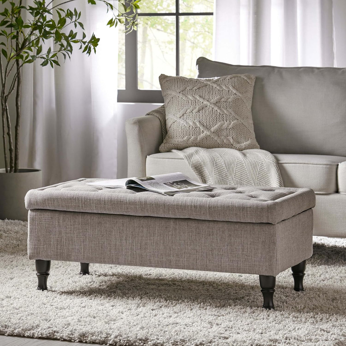 Storage Ottoman Bench, 40 Inch Tufted Ottoman with Storage Compartment and Solid Wood Legs, Multi-Purpose Foot of Bed Bench for Living Room, Bedroom, Entryway, Linen Fabric (Grey)