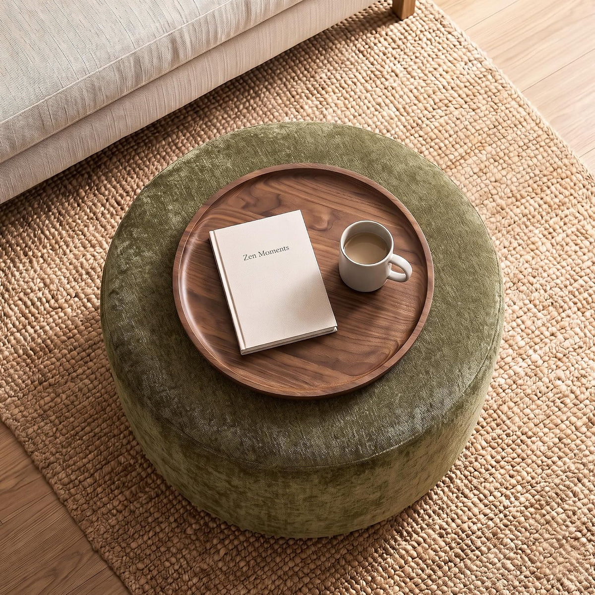 Upholstered Round Green Pouf Ottoman, Modern Footstool | Chenille Footrest with Soft Padded Seat & Wood Frame, Sage Green Ottoman, Accent Vanity Stool for Living Room and Bedroom