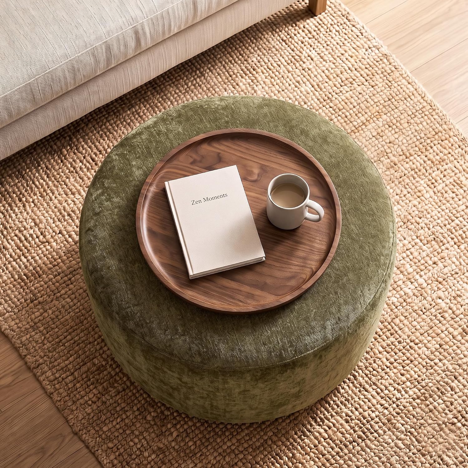 Upholstered Round Green Pouf Ottoman Set of 2, Modern Footstools | Chenille Footrest with Soft Padded Seat & Wood Frame, Sage Green Ottoman, Accent Vanity Stool for Living Room and Bedroom