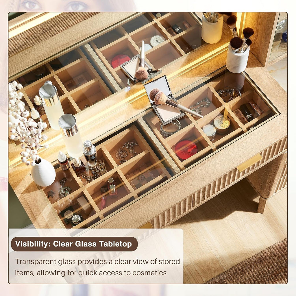 T4TREAM 48" Fluted Makeup Vanity Desk with 36" Lighted Mirror, Oak | Smart LED Mirror, Visible Glass Top, 5 Drawers & Adjustable Shelves, Charging Station, Bedroom Makeup Storage