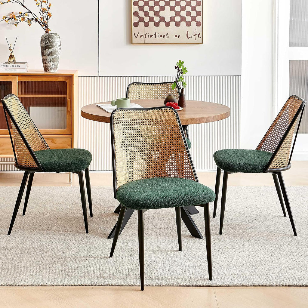 NORDICANA Dining Table Set for 4, Wooden Round Table and Wicker Chairs, 5-Piece Modern Kitchen Dinette Set for Breakfast Nook, Green Boucle Seat