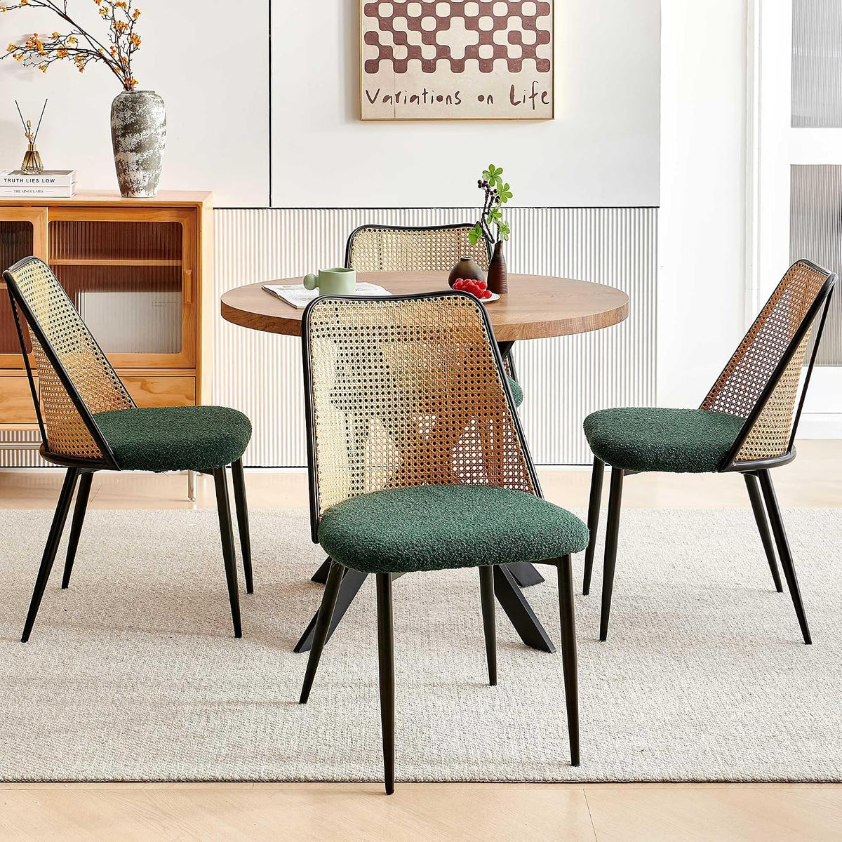 NORDICANA Dining Table Set for 4, Wooden Round Table and Wicker Chairs, 5-Piece Modern Kitchen Dinette Set for Breakfast Nook, Green Boucle Seat