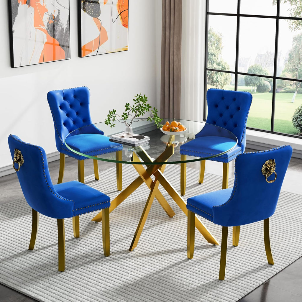 Round Glass Dining Table Set for 4, 47" Circle Glass Dining Table with Gold Metal Legs, Modern Kitchen Table Set for 4 with Velvet Chairs, 5 Piece Dining Table Set for Breakfast Dinette Party, Blue