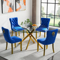 Round Glass Dining Table Set for 4, 47" Circle Glass Dining Table with Gold Metal Legs, Modern Kitchen Table Set for 4 with Velvet Chairs, 5 Piece Dining Table Set for Breakfast Dinette Party, Blue