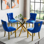 Round Glass Dining Table Set for 4, 47" Circle Glass Dining Table with Gold Metal Legs, Modern Kitchen Table Set for 4 with Velvet Chairs, 5 Piece Dining Table Set for Breakfast Dinette Party, Blue