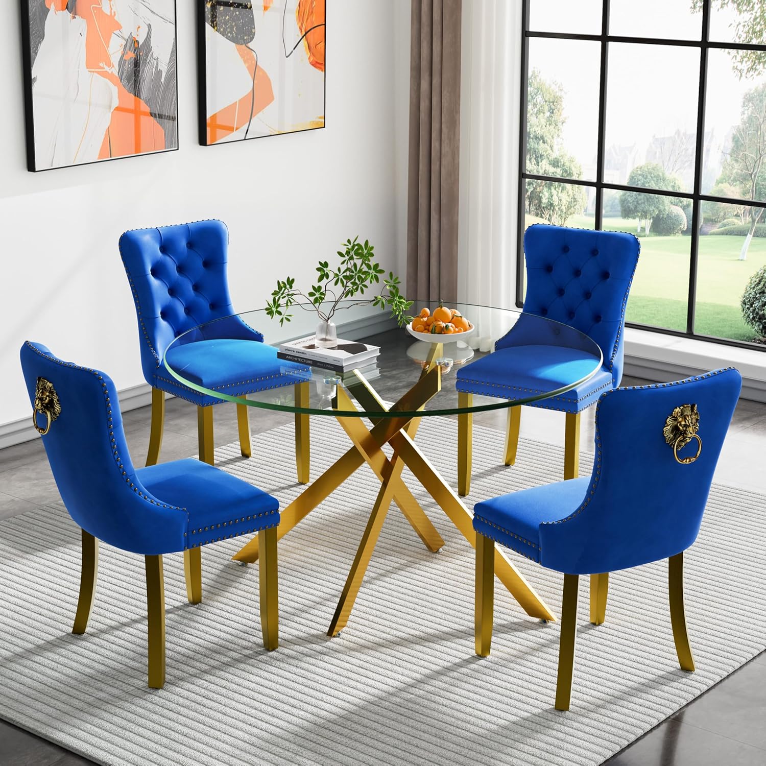 Round Glass Dining Table Set for 4, 47" Circle Glass Dining Table with Gold Metal Legs, Modern Kitchen Table Set for 4 with Velvet Chairs, 5 Piece Dining Table Set for Breakfast Dinette Party, Blue