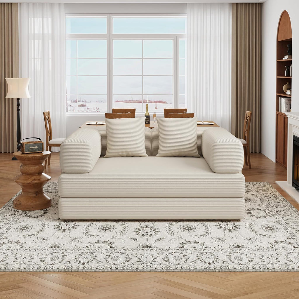 BSHOMGI 4 in 1 Convertible Sofas Couches, Modern Corduroy Futon Bed, Modular Sofa with Pull-Out Bed, LoveSeat for Living Room, Small Space Apartment (Beige, 53.15" Double Sofa)