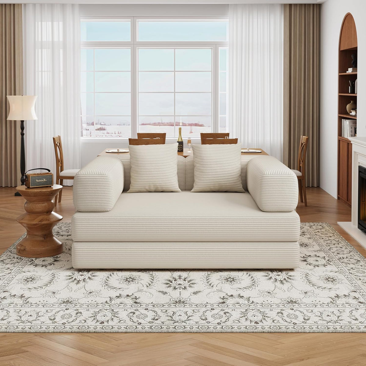 BSHOMGI 4 in 1 Convertible Sofas Couches, Modern Corduroy Futon Bed, Modular Sofa with Pull-Out Bed, LoveSeat for Living Room, Small Space Apartment (Beige, 53.15" Double Sofa)