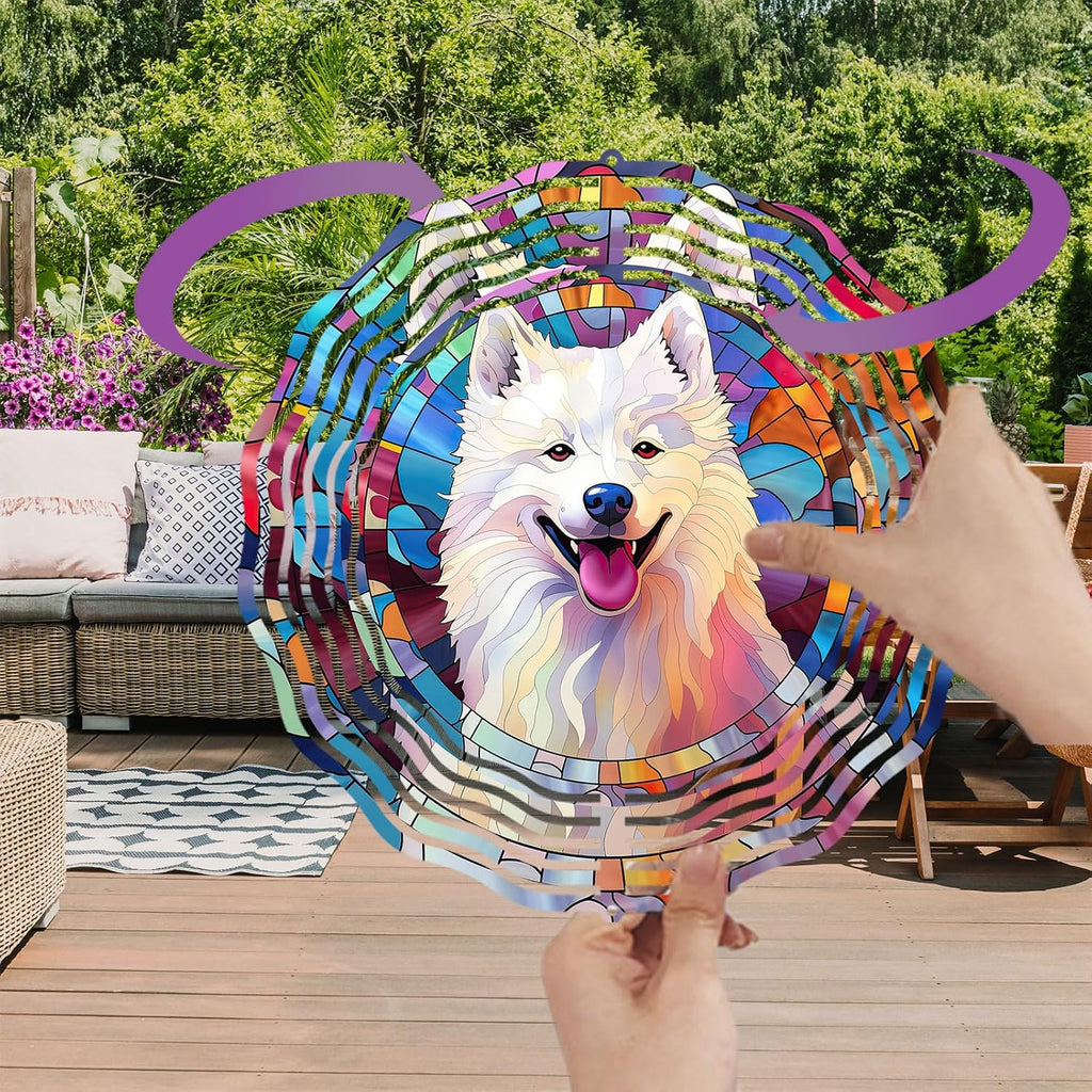 Samoyed Wind Spinner Pet Dog Memorial Gifts 3D Aluminum Metal Kinetic Hanging Wind Sculpture Spinners for Yard and Garden Indoor Outdoor Window Garden Decoration 8 Inch (Samoyed 1)