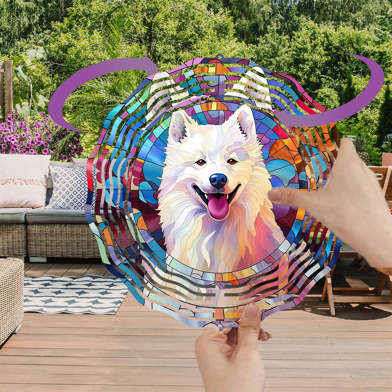 Samoyed Wind Spinner Pet Dog Memorial Gifts 3D Aluminum Metal Kinetic Hanging Wind Sculpture Spinners for Yard and Garden Indoor Outdoor Window Garden Decoration 8 Inch (Samoyed 1)