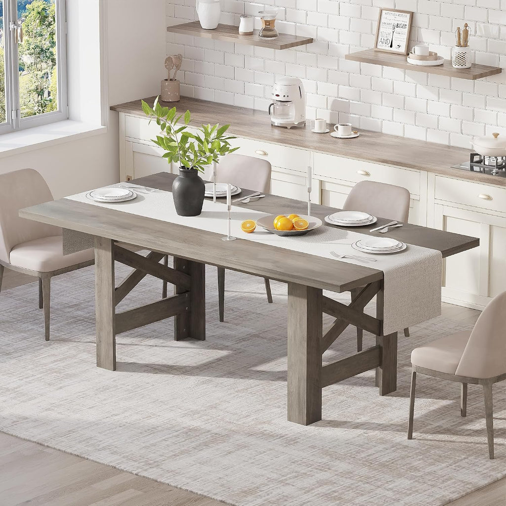 Takywep 71" Large Dining Table for 6-8, Farmhouse Wooden Kitchen Table with Sturdy Triangular Legs, Thick Rectangle Tabletop, Heavy-Duty Base for Dining Room, Apartment, Kitchen, Rustic Gray