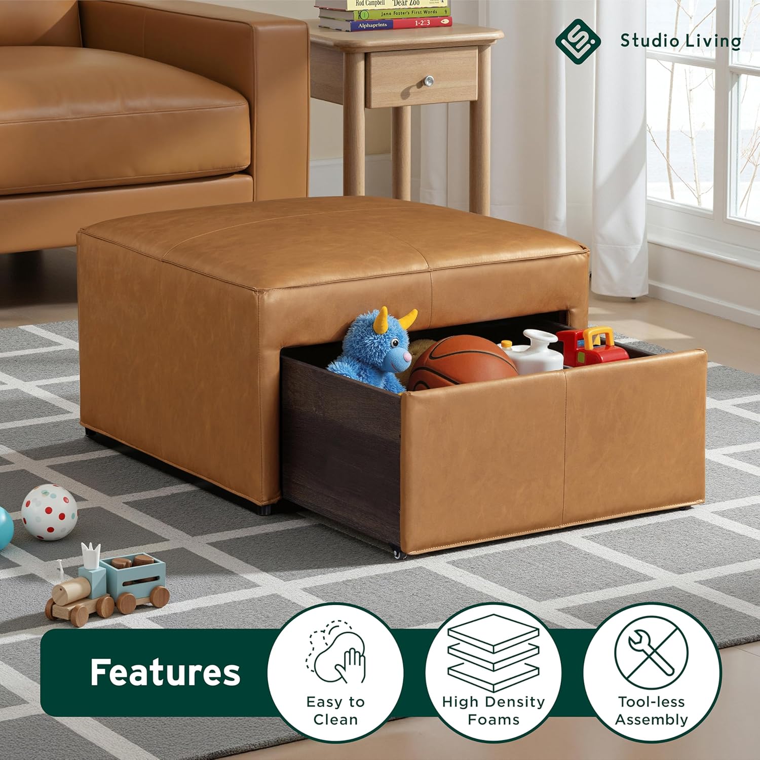 Studio Living® Harrison 29.1" Storage Ottoman, Large Removable Storage Drawer, Vegan Leather Fabric, Carmel