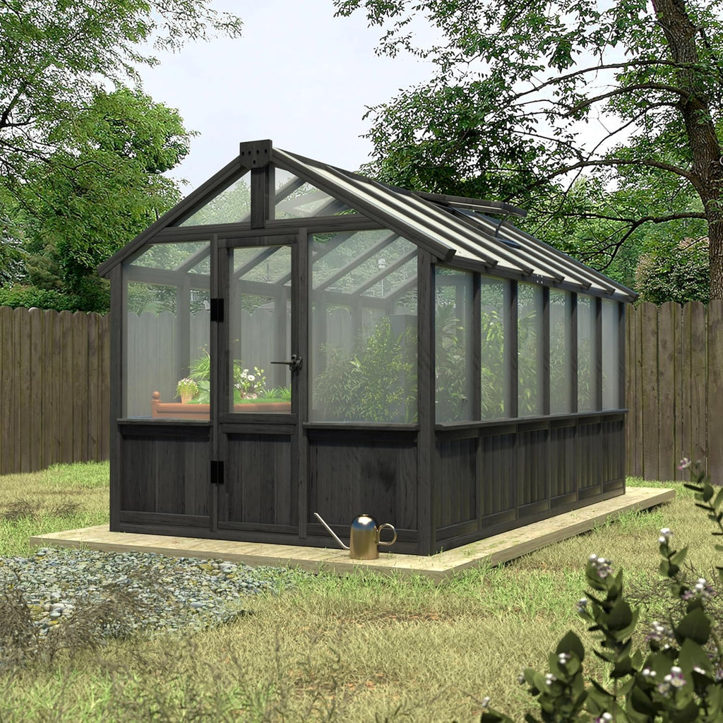 6x12 FT Greenhouse Kit for Outdoor, Thickened Polycarbonate Panel Wooden Walk-in Green House with Lockable Door and Adjustable Roof Vent, Backyard Garden, Black