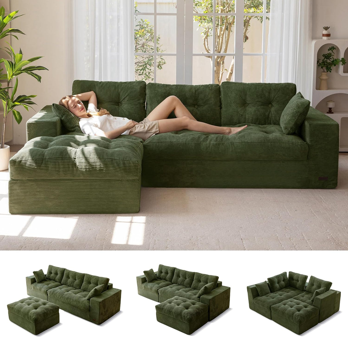 MAXYOYO Couch, 104-Inch L-Shaped Cloud Couch with Ottoman | Dark Green Upholstered Sofa Features Layered Cushions and Flexible Modules with No Assembly, Ideal for Modern Living Rooms.